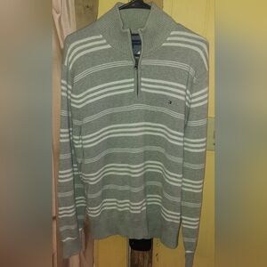 Tommy Hilfiger Sage Gray and White Striped Quarter-Zip Sweater